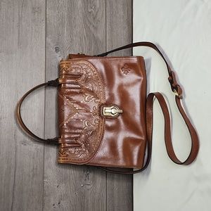Patricia Nash Brown Tooled Leather Satchel Shoulder Bag